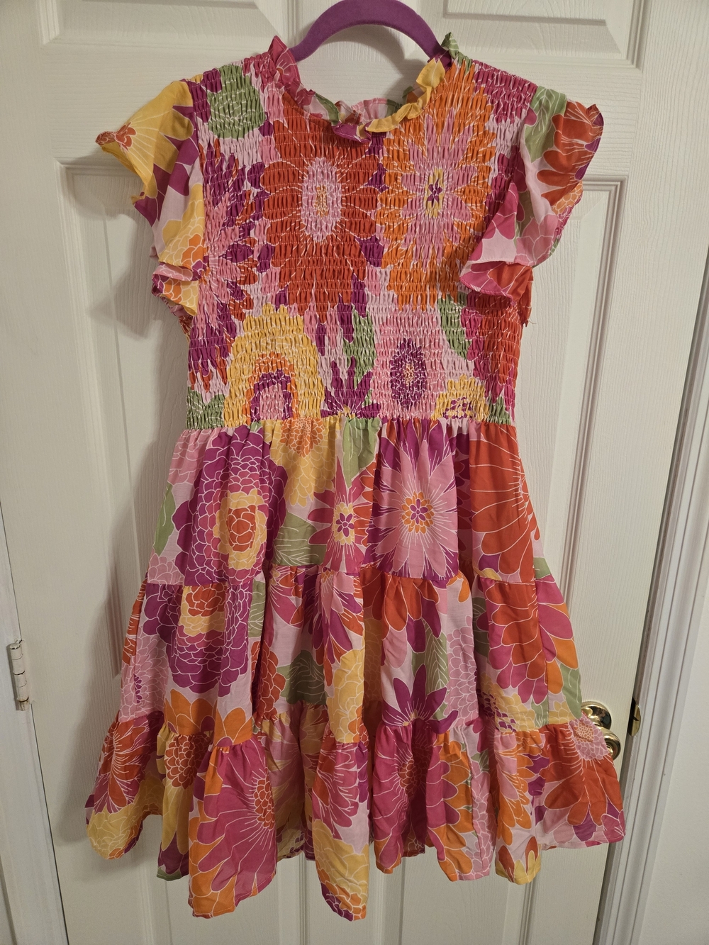 J.marie Women's ' Pink Multi Floral Smocked Flutter Dress Size Large